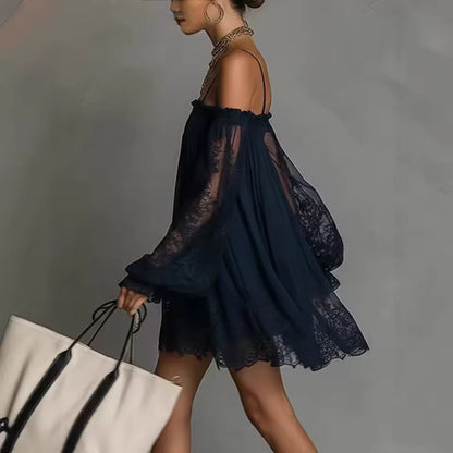 Off-shoulder lace mini dress, side view