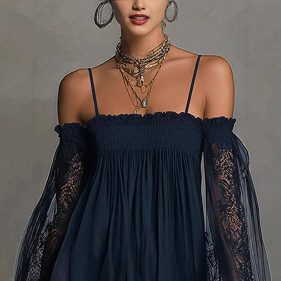 Off-shoulder lace mini dress top detail
