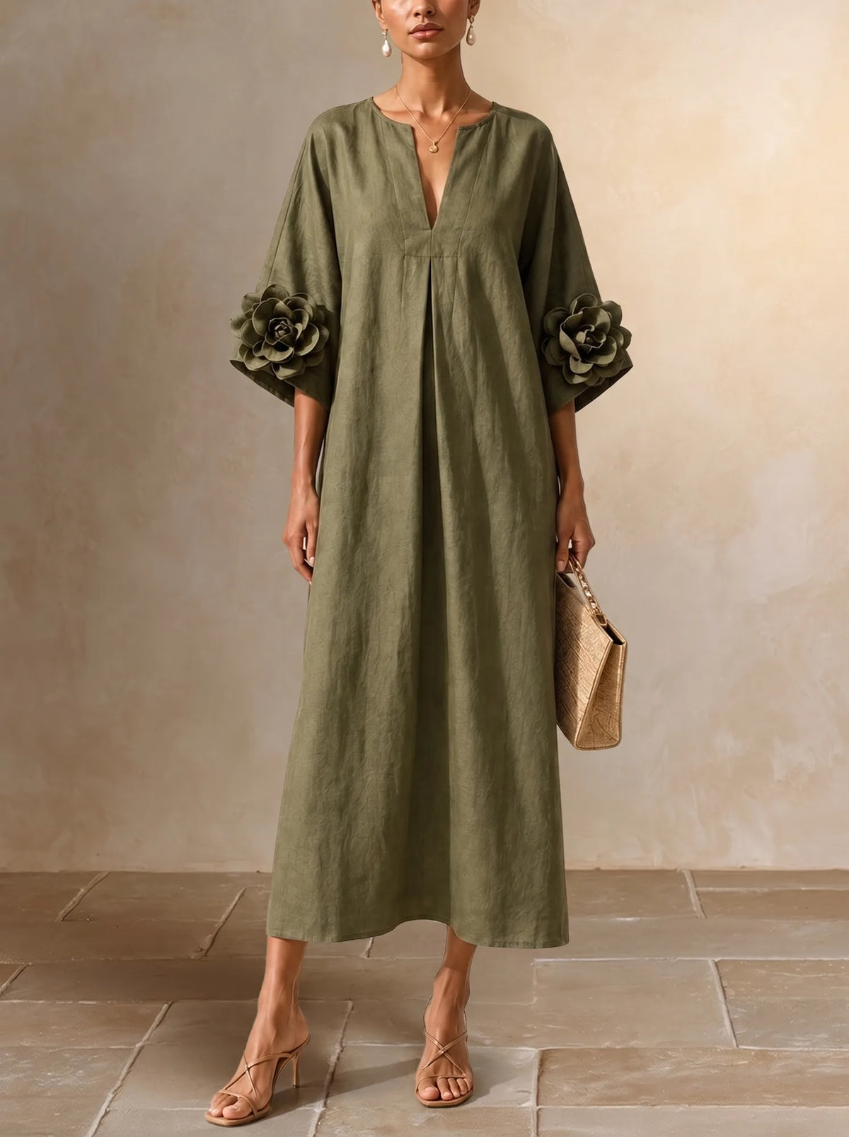 Women's olive green midi dress with floral appliqué sleeves, front view