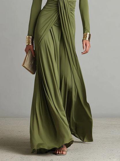 Olive green pleated maxi dress styled outfit