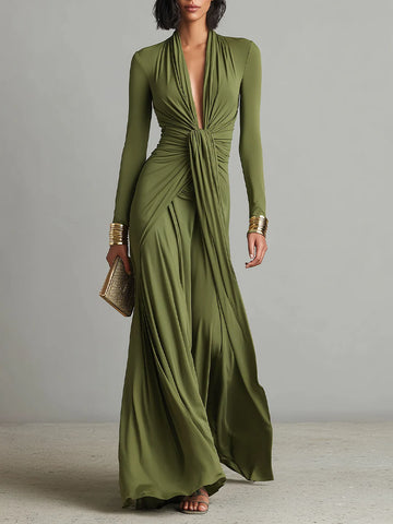 Olive green pleated V-neck maxi dress