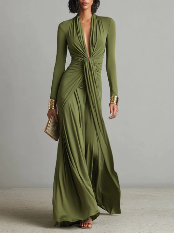 Olive green pleated V-neck maxi dress