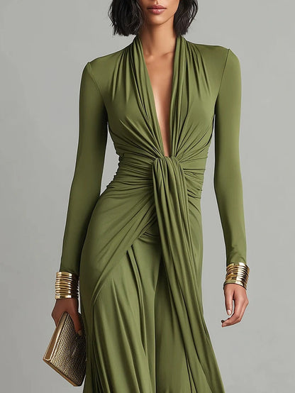 Olive green V-neck pleated maxi dress, elegant look