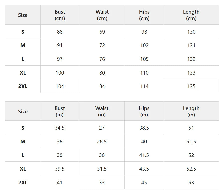 Size chart for one-shoulder long sleeve maxi dress with side slit