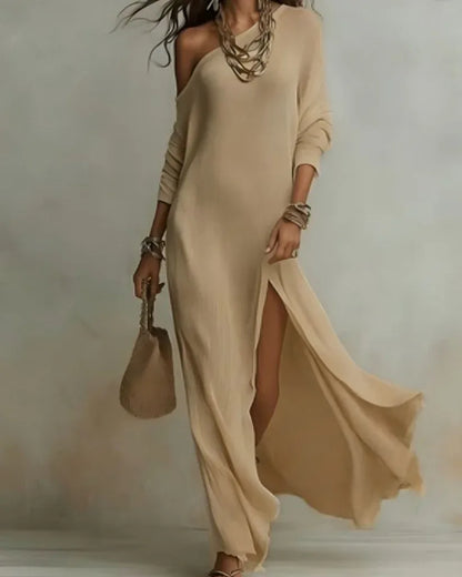 Women's one-shoulder loose maxi dress with high side slit, beige, front view