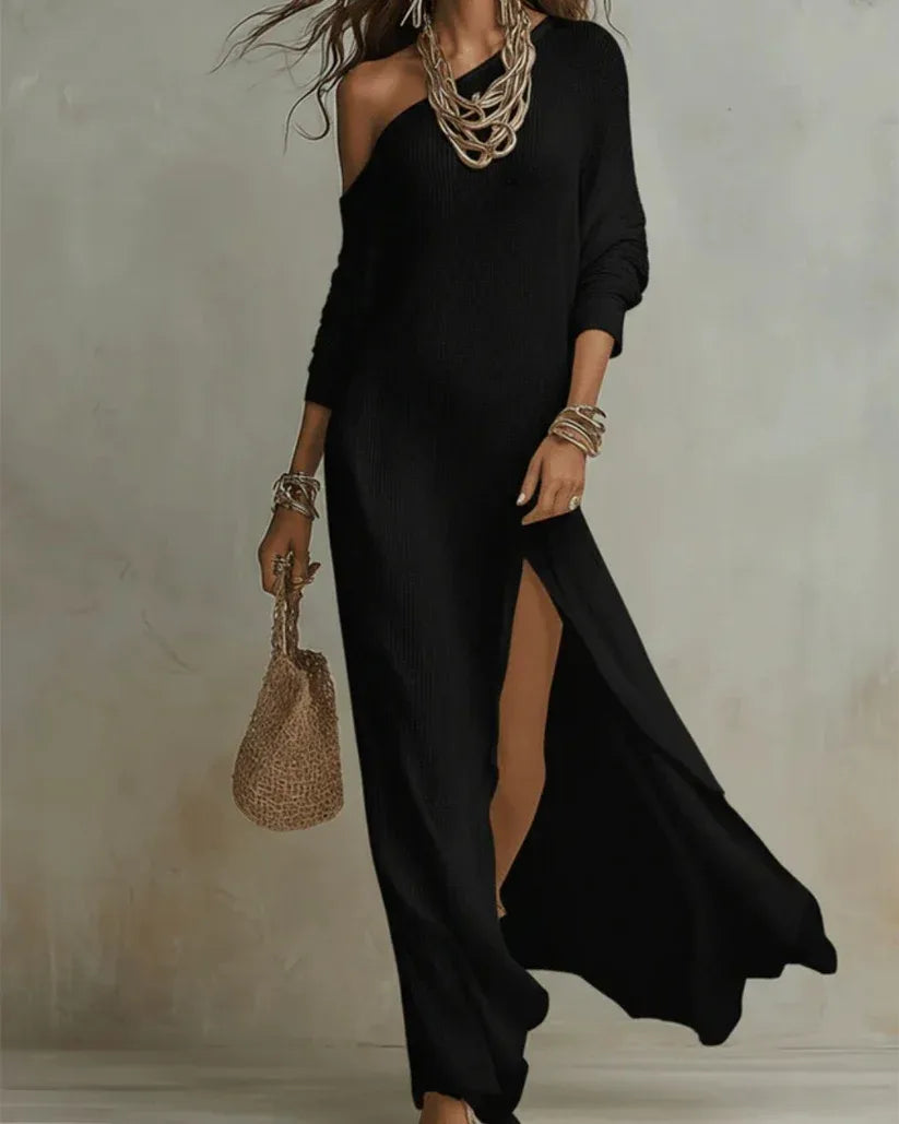 Women's one-shoulder loose maxi dress with high side slit, black, front view
