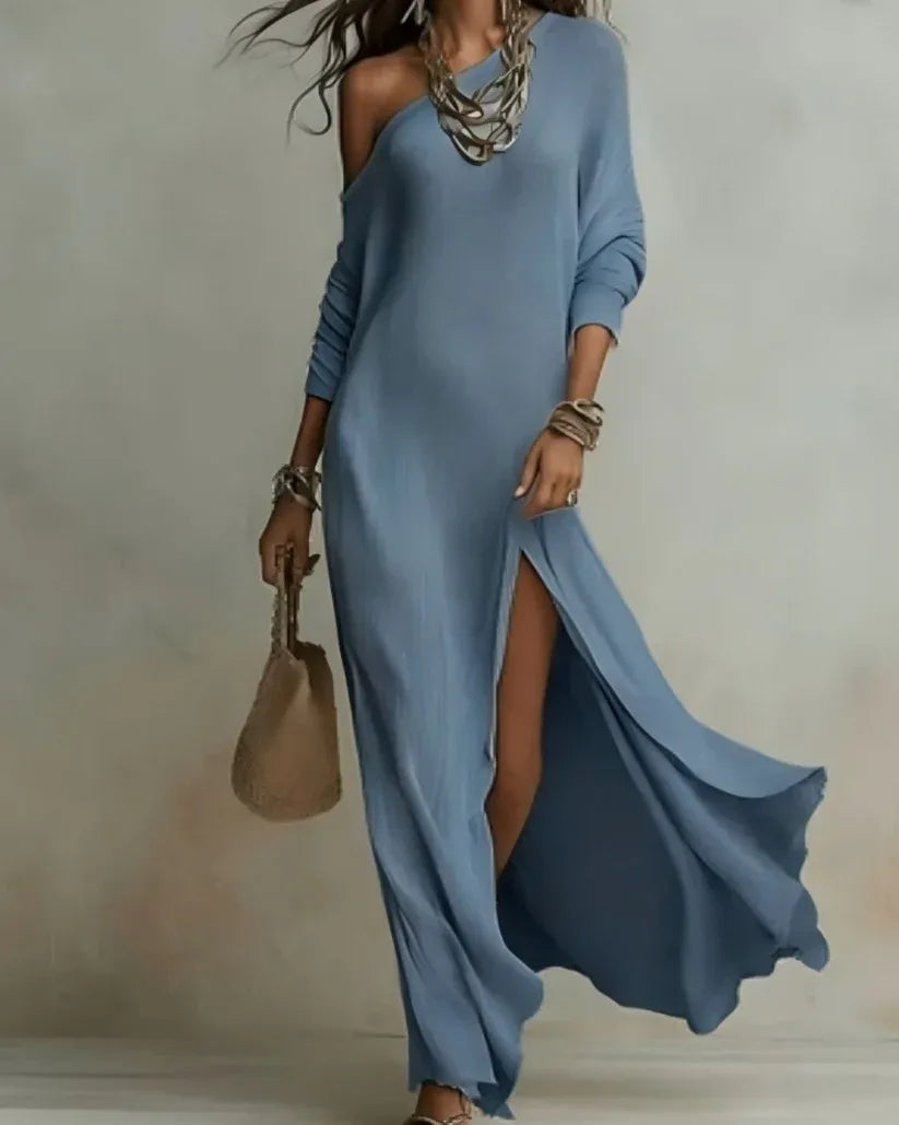 Women's one-shoulder loose maxi dress with high side slit, blue, front view