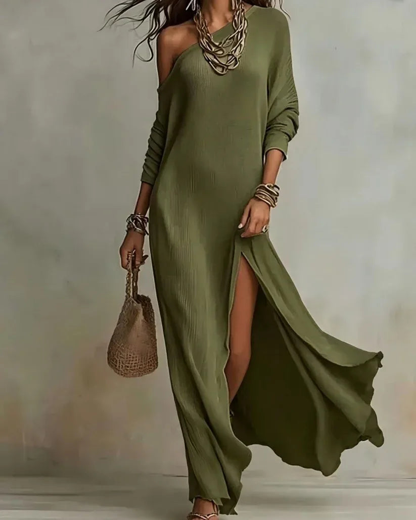 Women's one-shoulder loose maxi dress with high side slit, green, front view