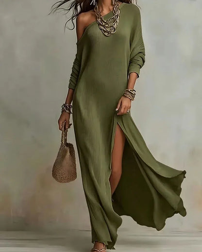 Women's one-shoulder loose maxi dress with high side slit, green, front view