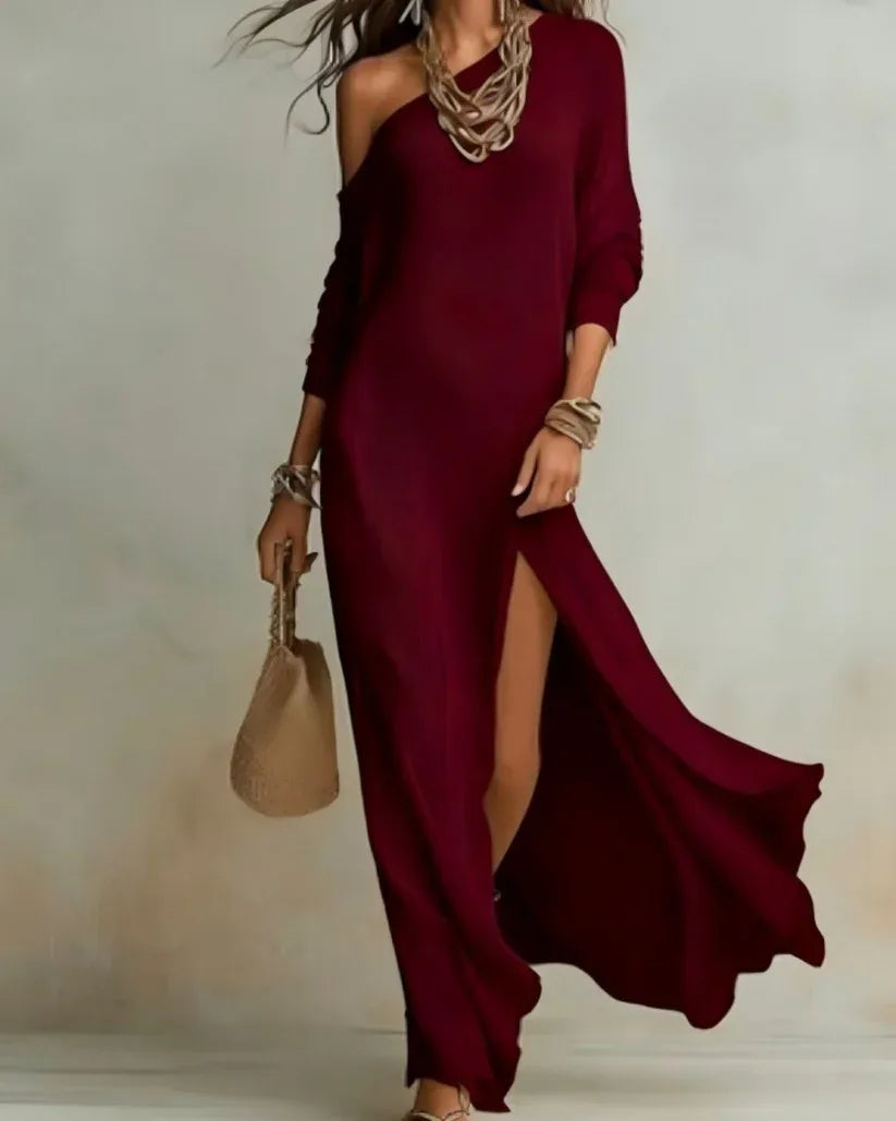 Women's one-shoulder loose maxi dress with high side slit, red, front view