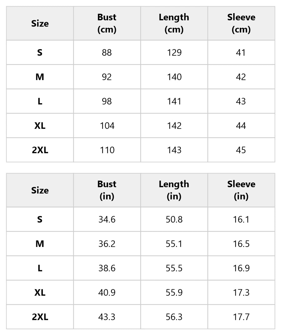 Size chart for the one-shoulder loose maxi dress with high side slit