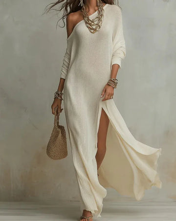 Women's one-shoulder loose maxi dress with high side slit, white, front view