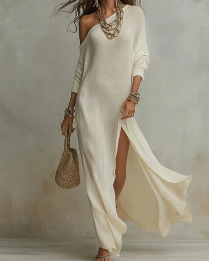 Women's one-shoulder loose maxi dress with high side slit, white, front view