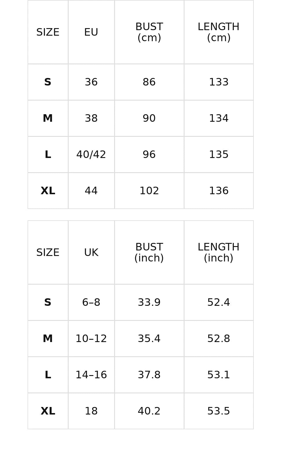 Size chart for the one-shoulder ruffle maxi dress with high slit