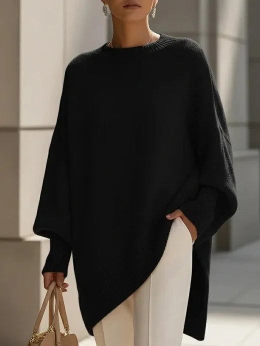 Women's oversized batwing sweater with side slits, black, front view