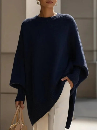 Women's oversized batwing sweater with side slits, blue, front view