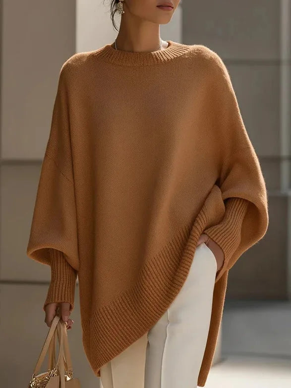 Women's oversized batwing sweater with side slits, brown, front view