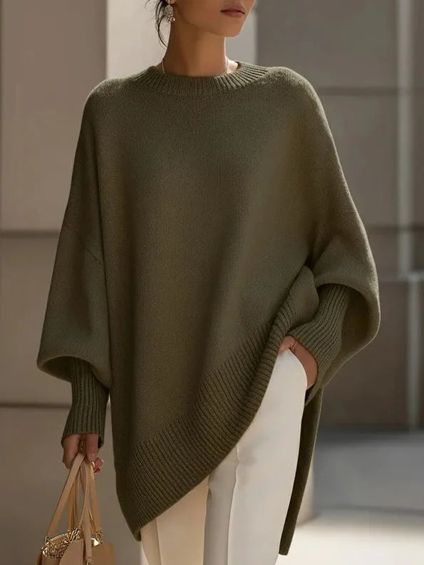 Women's oversized batwing sweater with side slits, green, front view