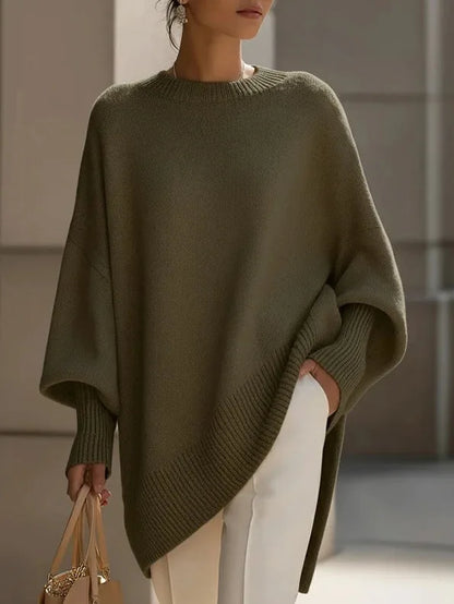 Women's oversized batwing sweater with side slits, green, front view