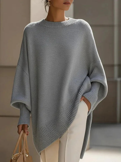 Women's oversized batwing sweater with side slits, grey, front view