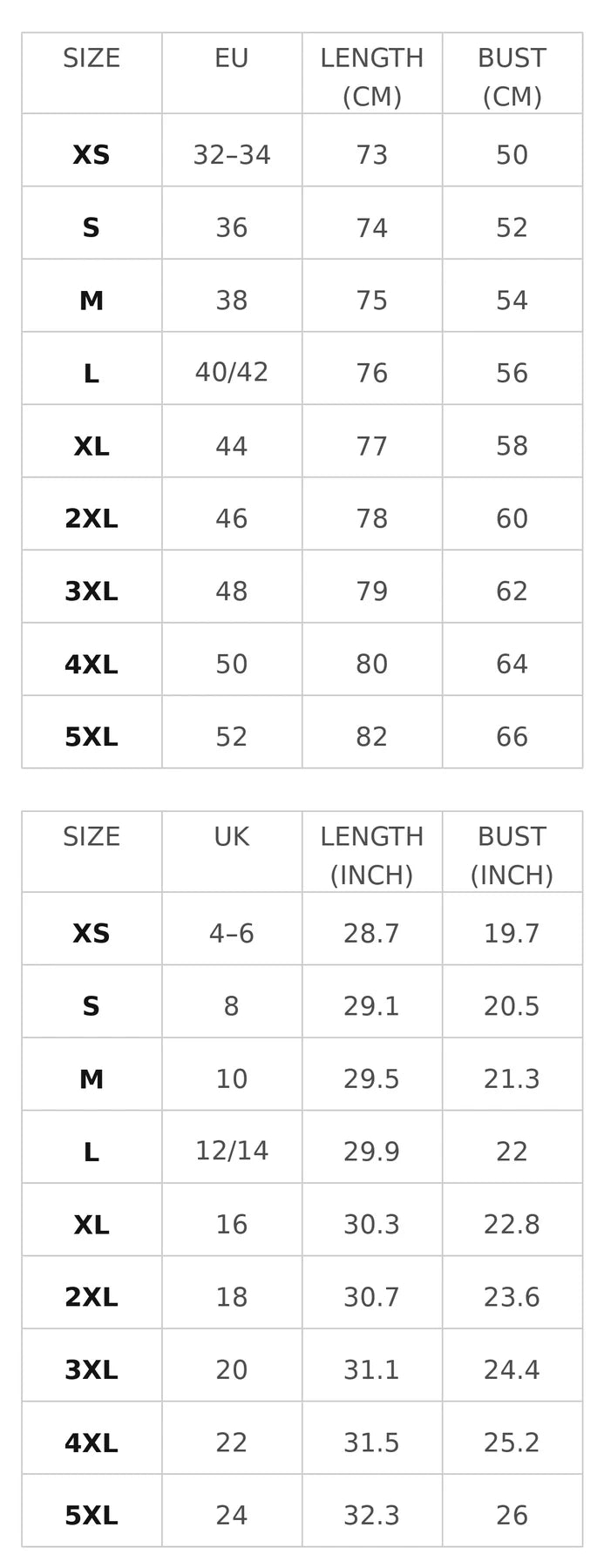 Size chart for the oversized batwing sweater with side slits