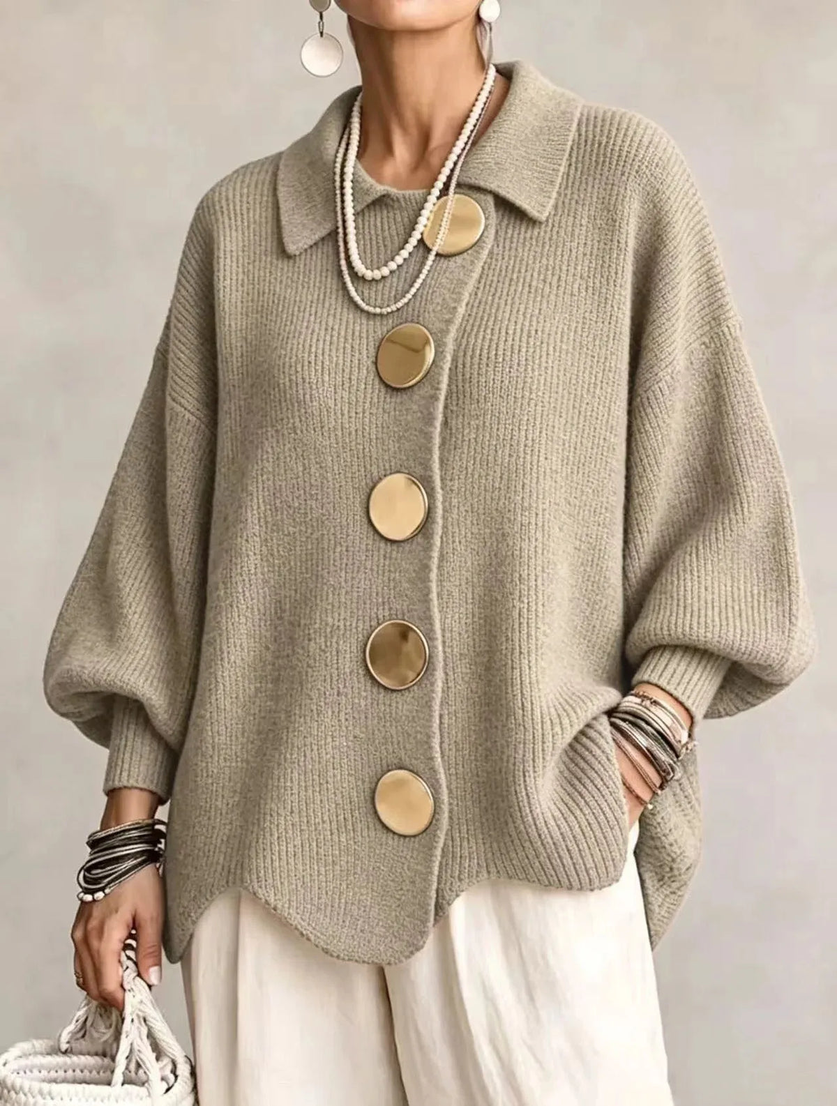 Women's oversized button-front cardigan with gold buttons, beige, front view