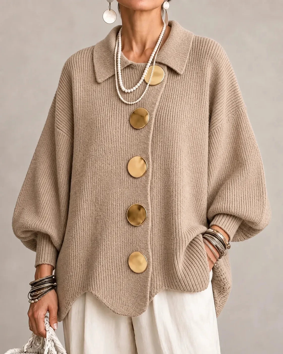 Women's oversized button-front cardigan with gold buttons, beige, front view
