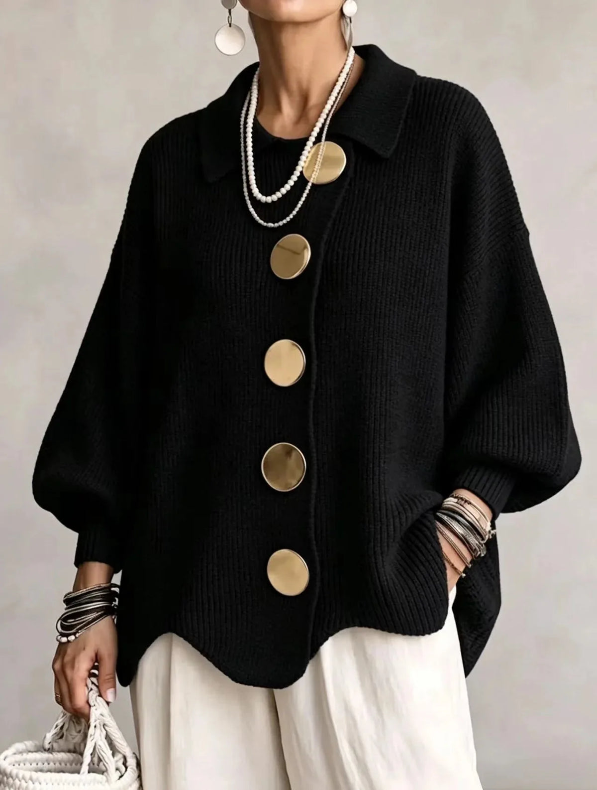 Women's oversized button-front cardigan with gold buttons, black, front view