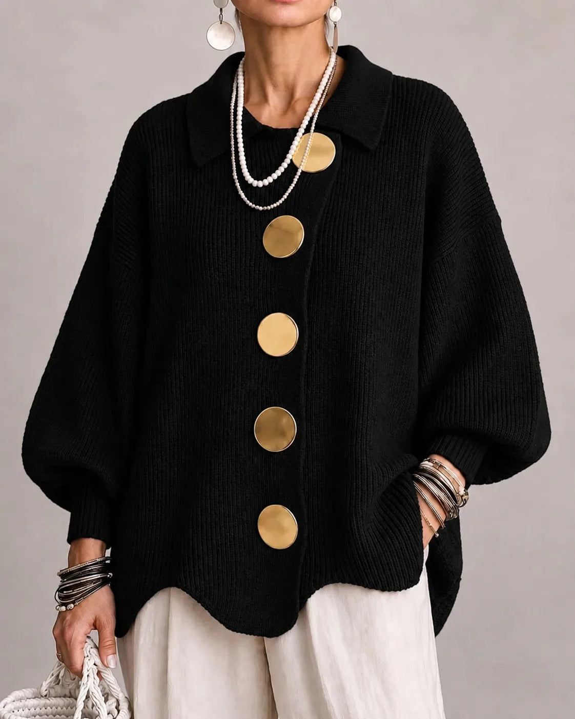 Women's oversized button-front cardigan with gold buttons, black, front view