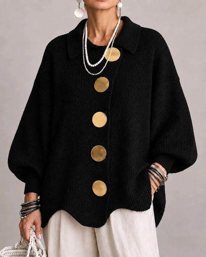 Women's oversized button-front cardigan with gold buttons, black, front view