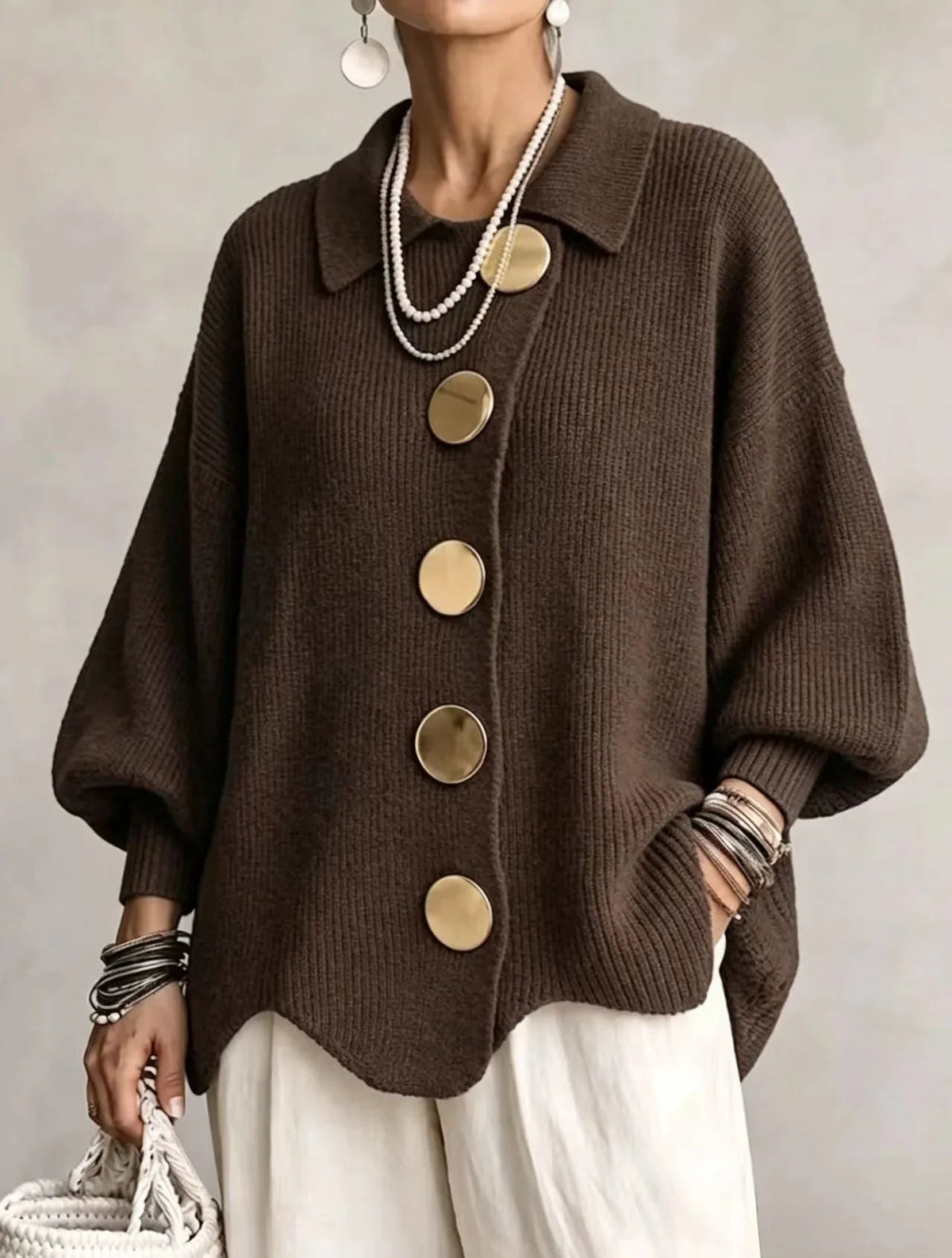 Women's oversized button-front cardigan with gold buttons, brown, front view