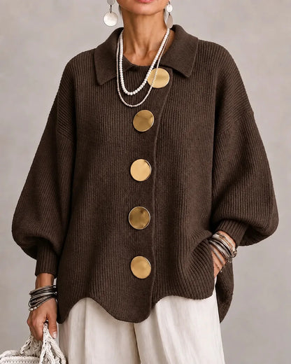 Women's oversized button-front cardigan with gold buttons, brown, front view