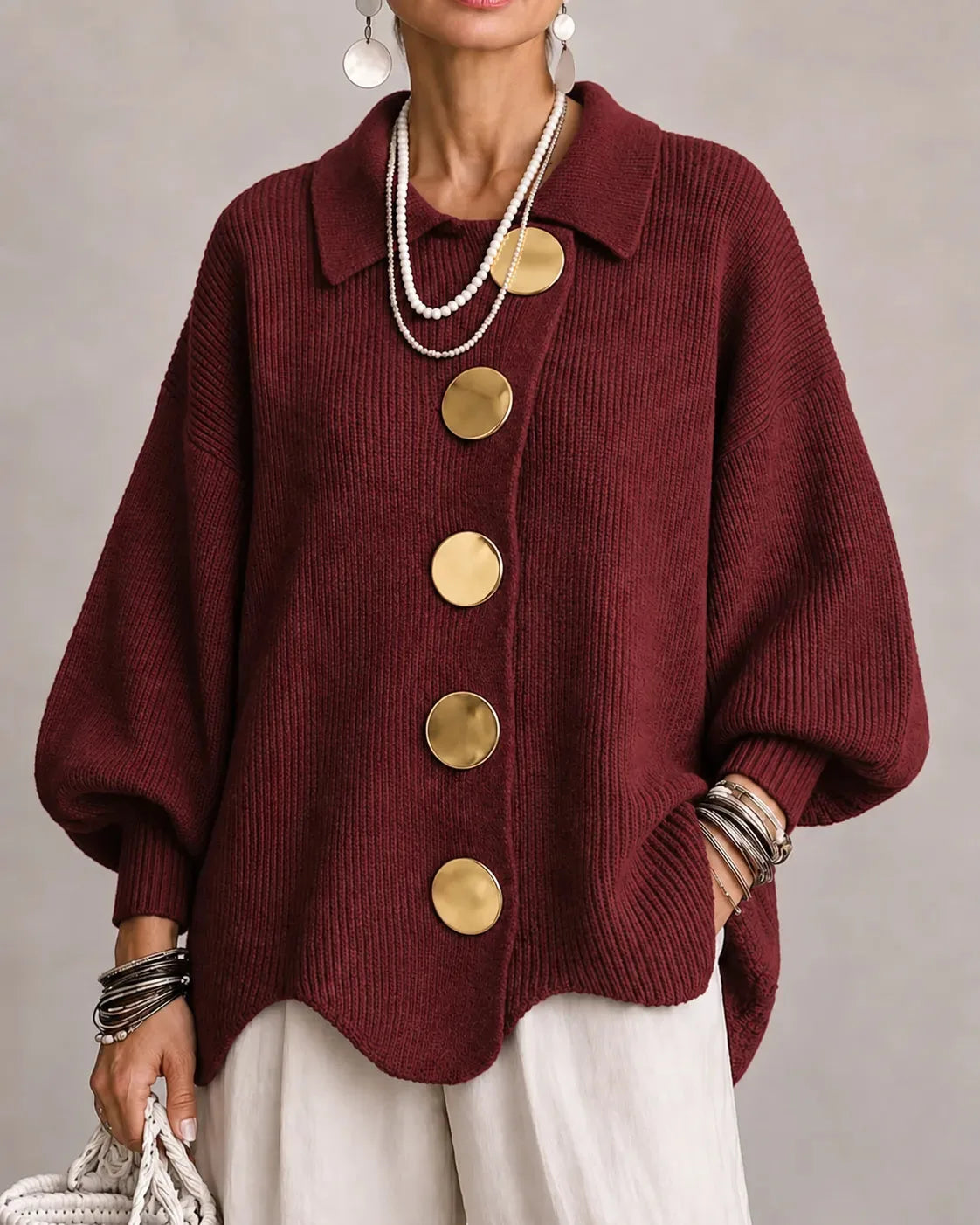 Women's oversized button-front cardigan with gold buttons, burgundy, front view