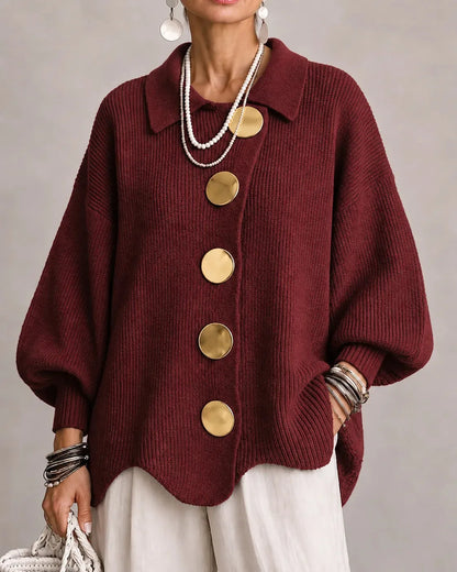 Women's oversized button-front cardigan with gold buttons, burgundy, front view