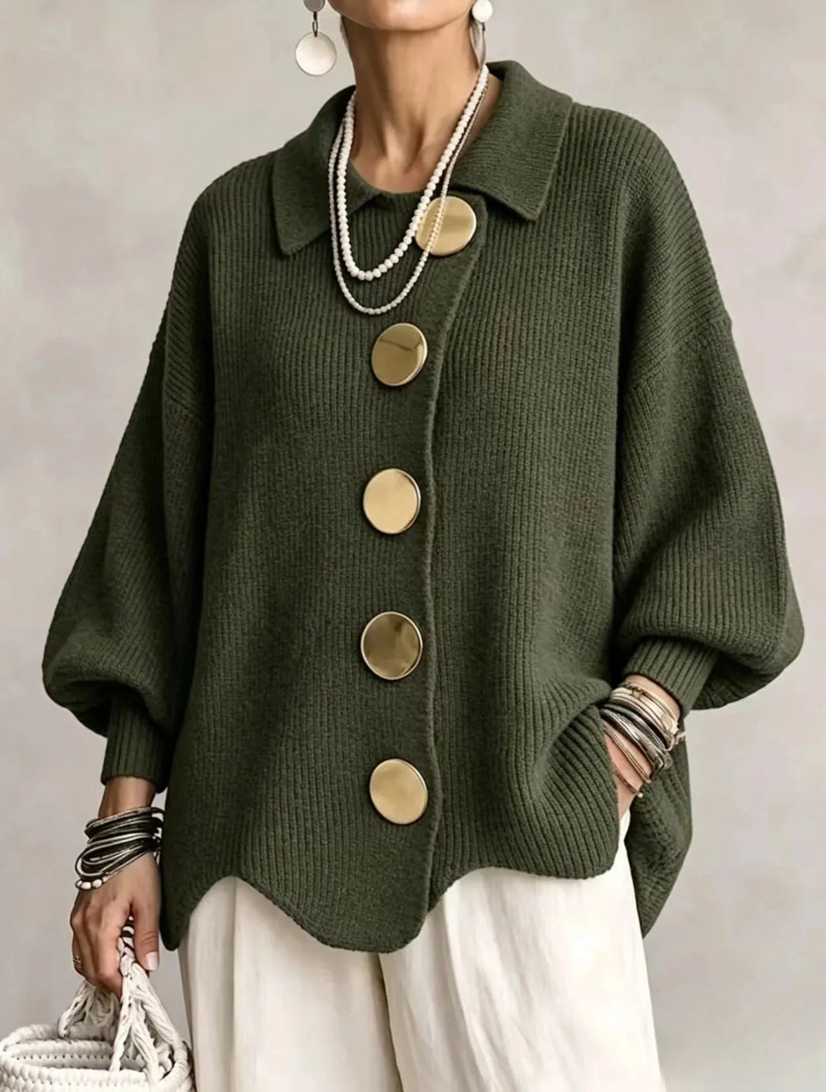 Women's oversized button-front cardigan with gold buttons, dark green, front view