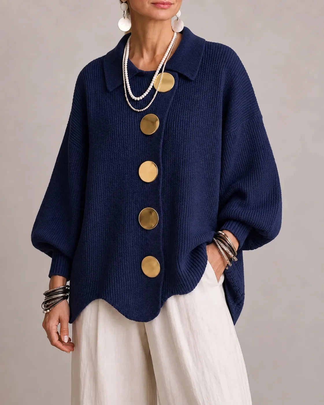 Women's oversized button-front cardigan with gold buttons, front view, closer look