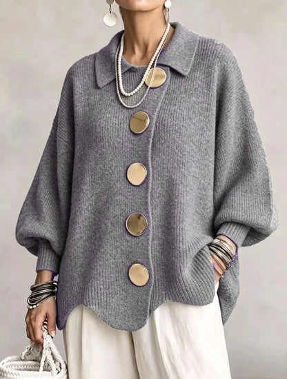 Women's oversized button-front cardigan with gold buttons, grey, front view