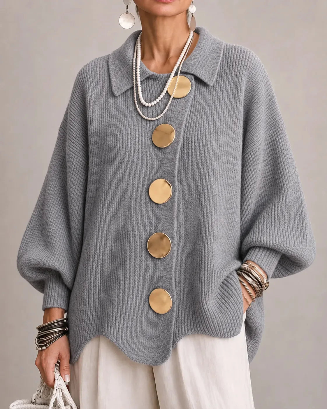 Women's oversized button-front cardigan with gold buttons, grey, front view