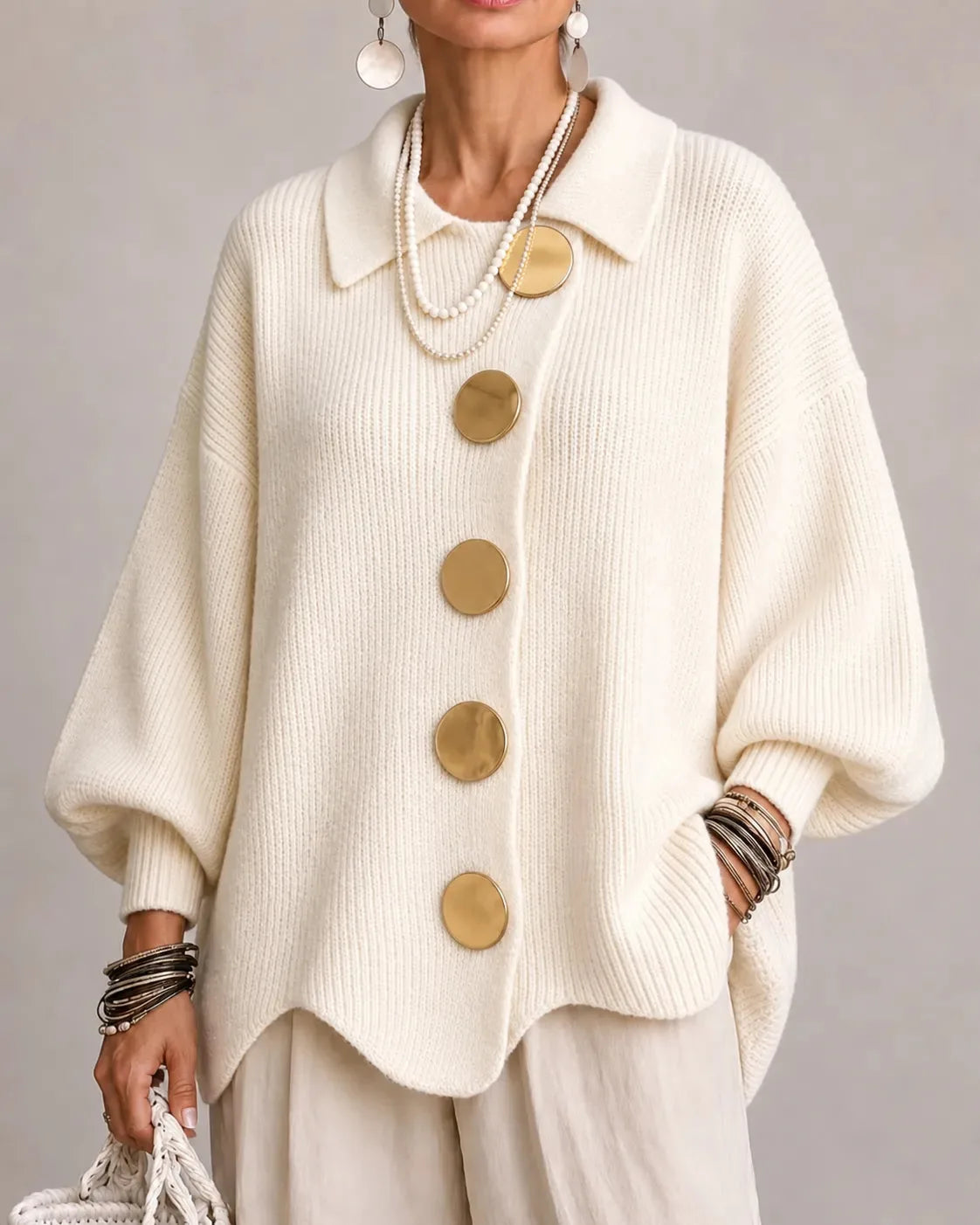 Women's oversized button-front cardigan with gold buttons, ivory, front view
