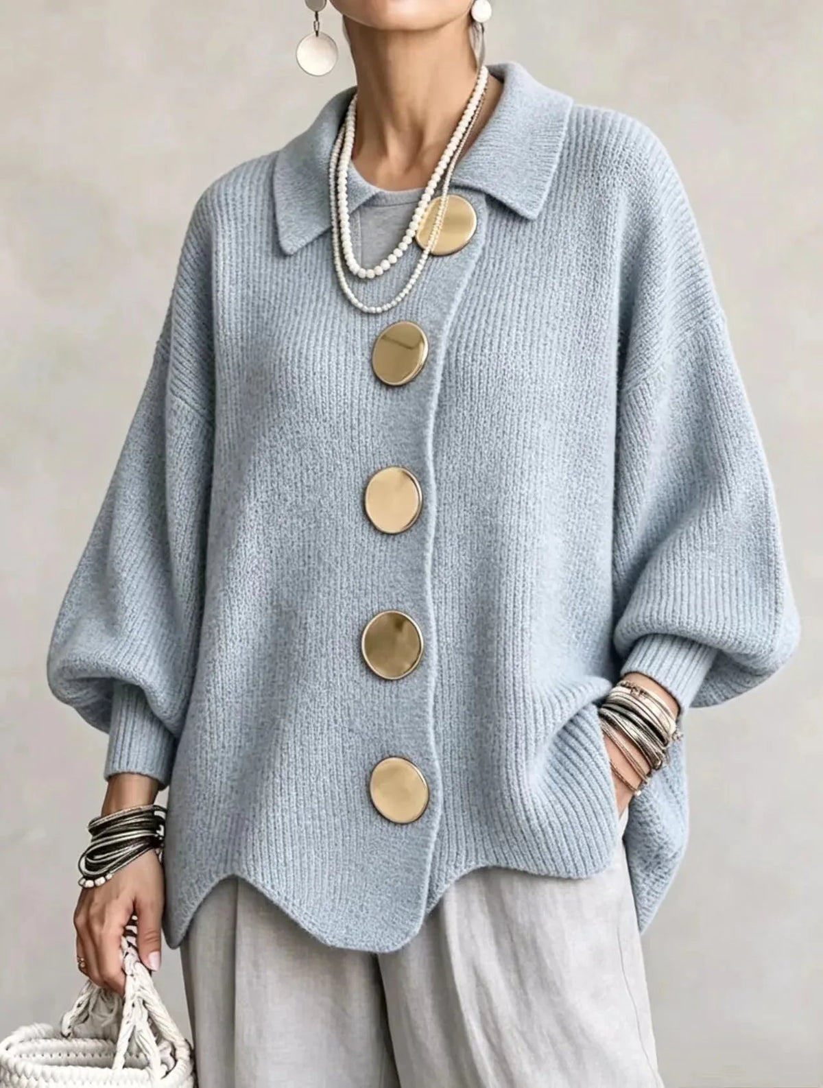 Women's oversized button-front cardigan with gold buttons, light blue, front view