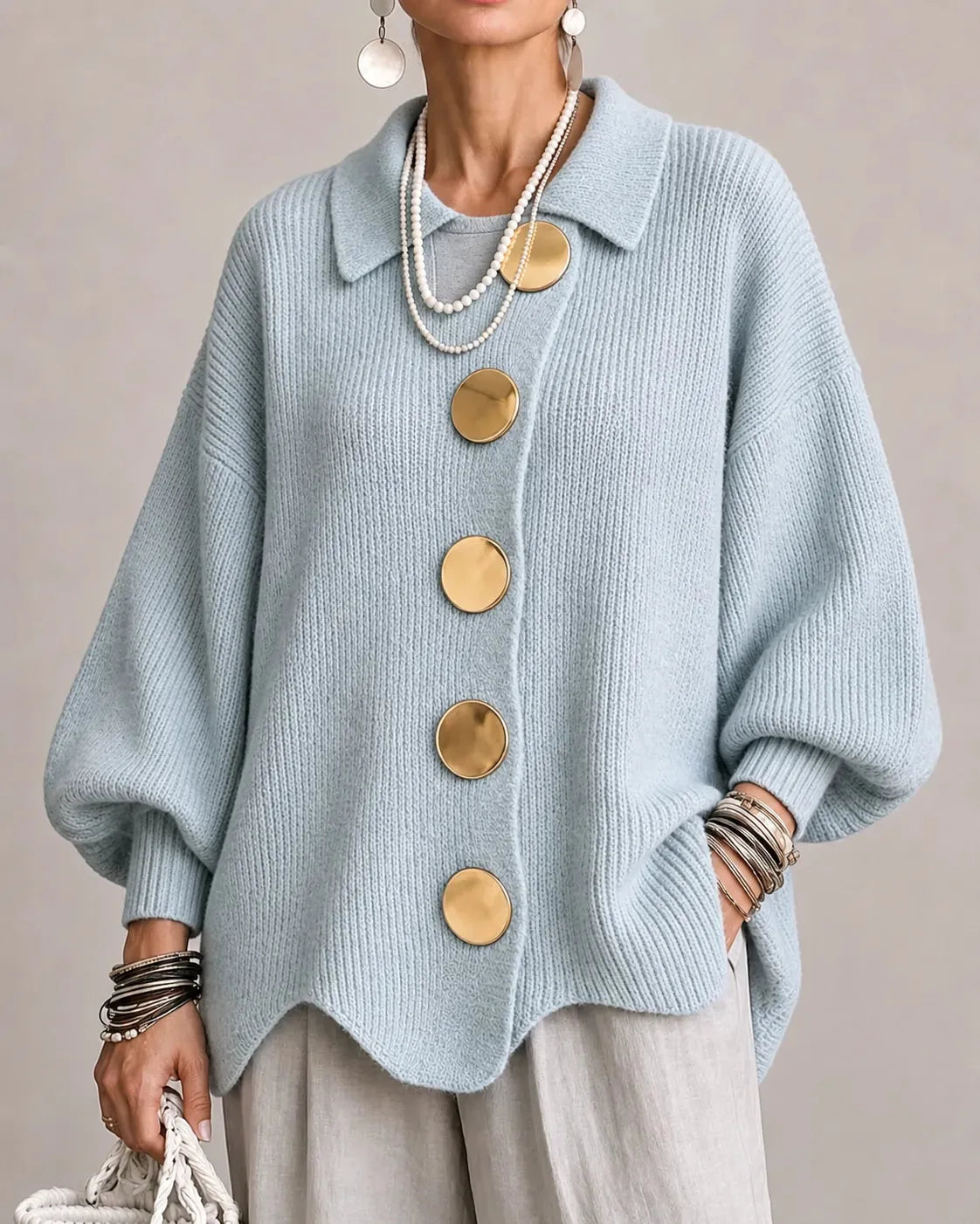 Women's oversized button-front cardigan with gold buttons, light blue, front view
