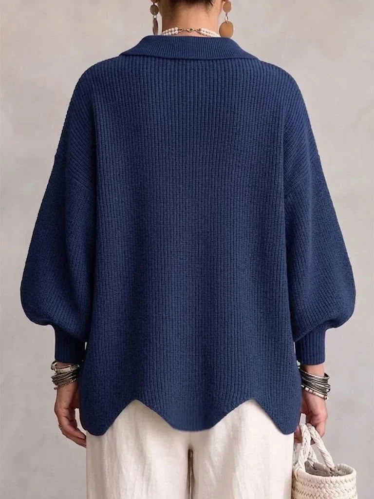 Women's oversized button-front cardigan with gold buttons, navy, back view