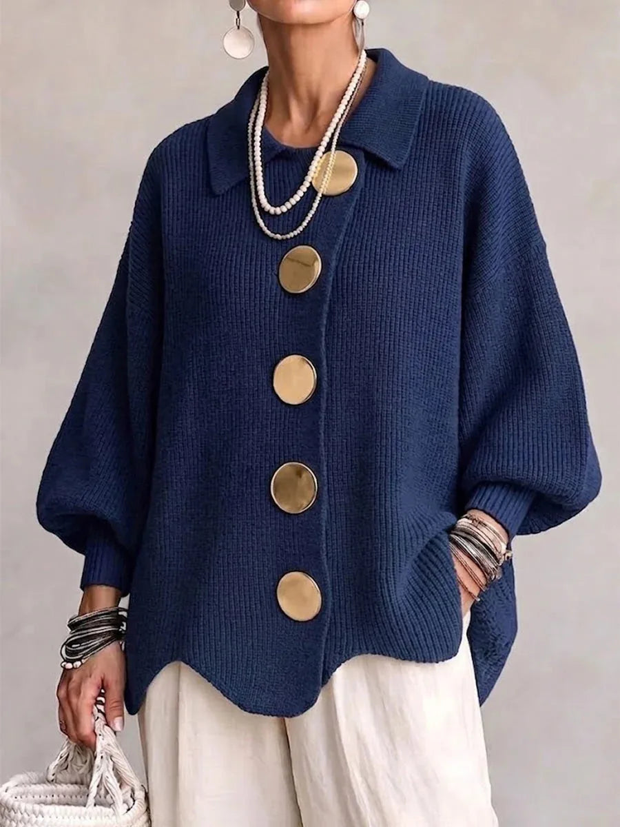 Women's oversized button-front cardigan with gold buttons, navy, front view
