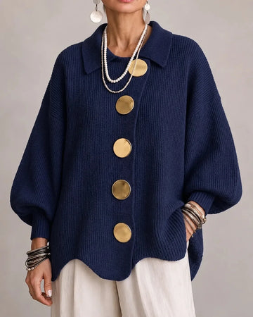Women's oversized button-front cardigan with gold buttons, navy, front view