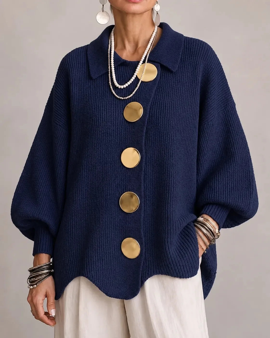 Women's oversized button-front cardigan with gold buttons, navy, front view