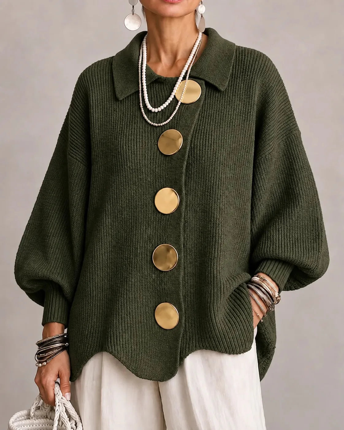 Women's oversized button-front cardigan with gold buttons, olive, front view