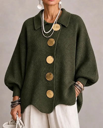 Women's oversized button-front cardigan with gold buttons, olive, front view