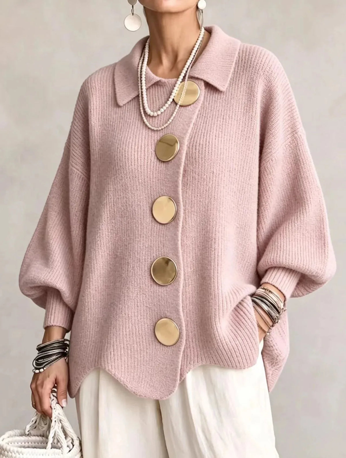 Women's oversized button-front cardigan with gold buttons, pink, front view