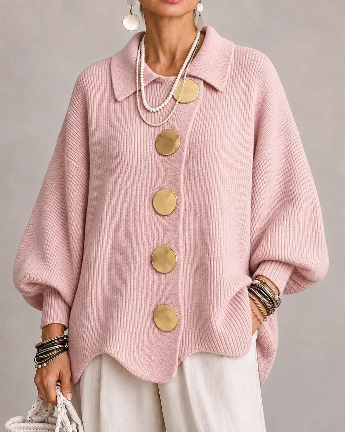 Women's oversized button-front cardigan with gold buttons, pink, front view