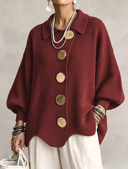 Women's oversized button-front cardigan with gold buttons, red, front view